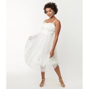 Unique Vintage White Tulle & Floral Beading Bertie Swing Dress 1X / 16